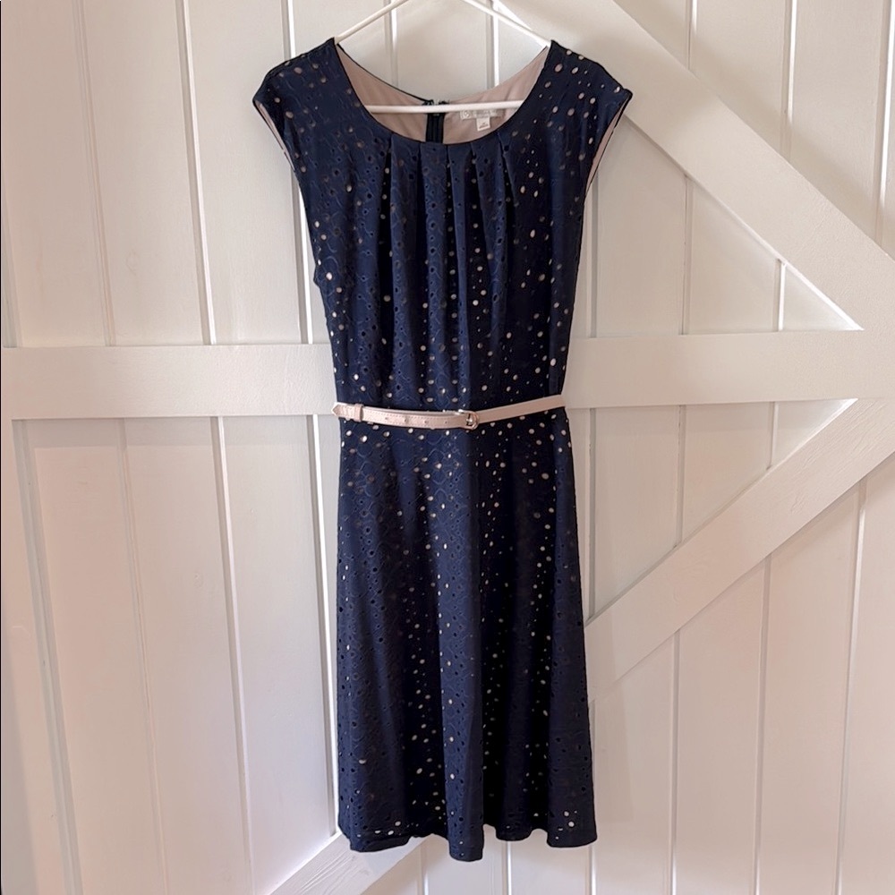 Chic Navy & Tan Dress with Belt